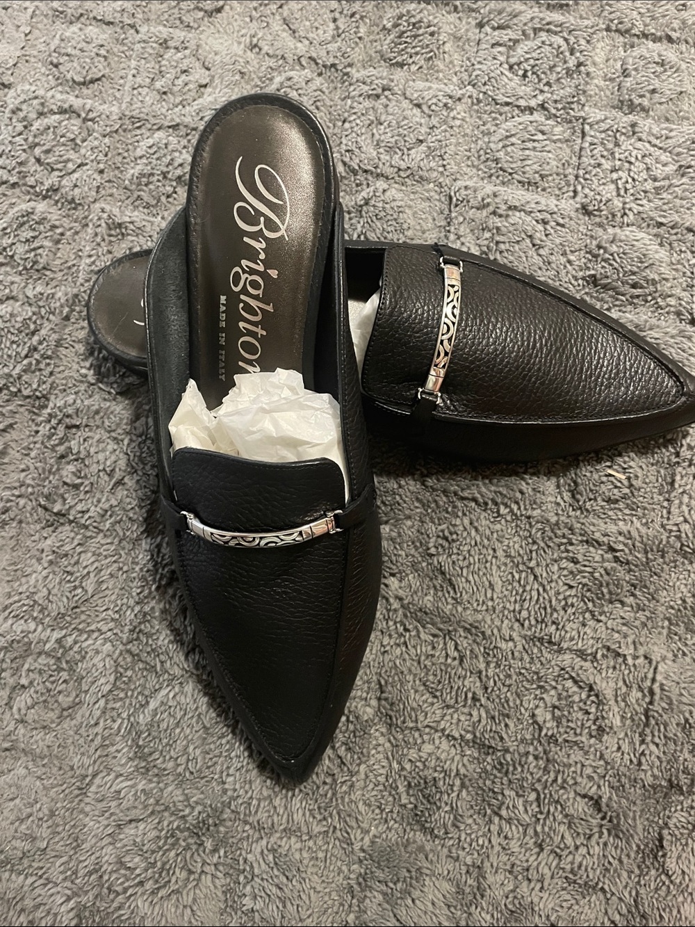 NWT’S:  Brighton Escape Black Pointed, Leather Mule with Silver-Tone Detail